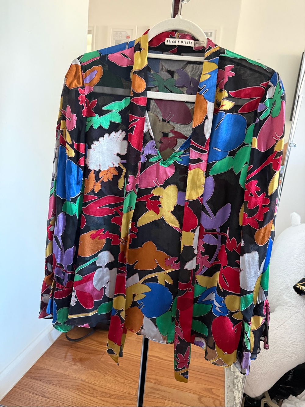 Alice + Olivia Black Sheer Blouse with Multicolor Floral Print